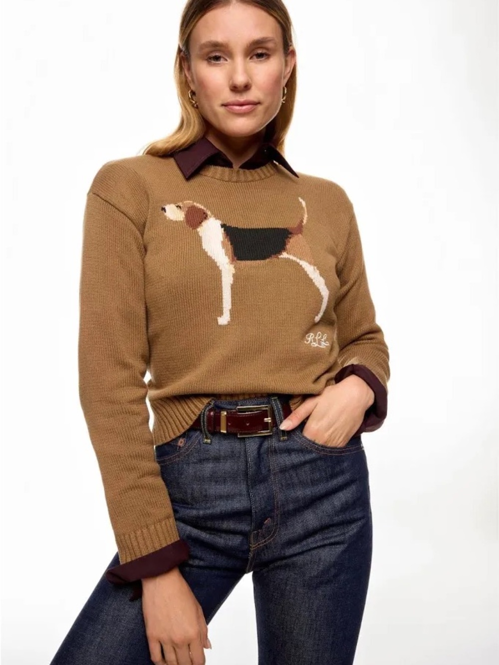 Ralph Lauren Camel Crewneck Sweater with Dog Intarsia